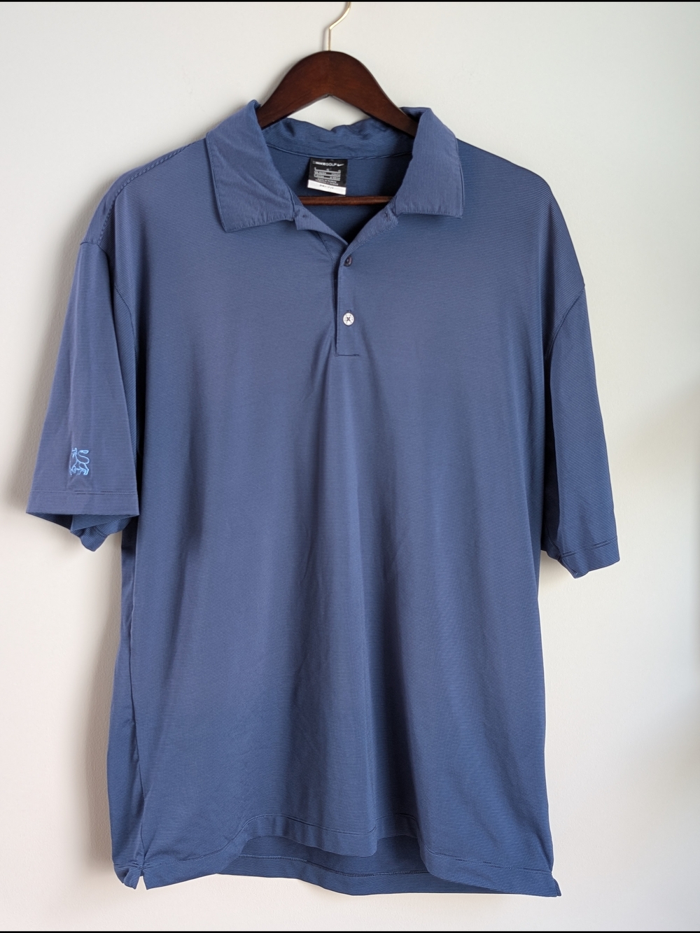 Nike Golf Men's Large Blue Micro-Stripe Polo Merrill Lynch Bull Logo Sleeve Dri
